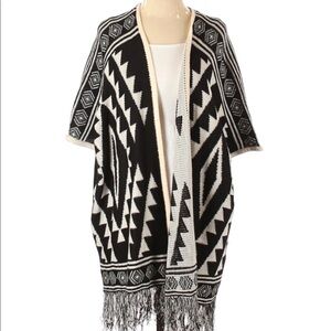 Poof! Geometric‎ Print Fringe Poncho Sweater